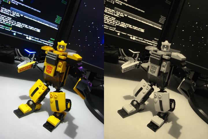 Picture side by side of a toy in color and sepiia
